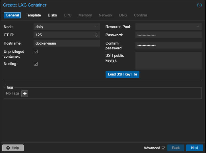 Create: LXC Container - General