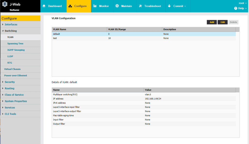 J-Web Configure Tab - Configiuring VLAN