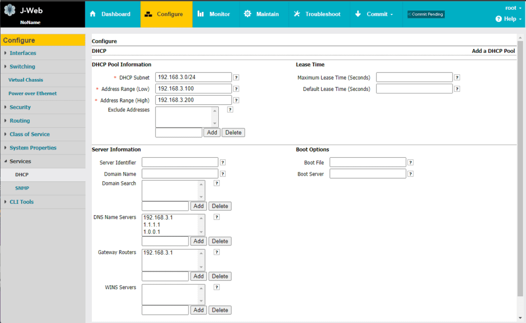 Configure DHCP Pool in J-Web