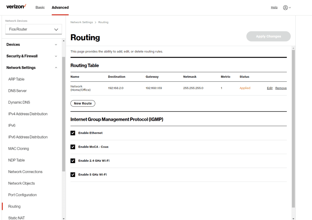 Verizon Router - New Route