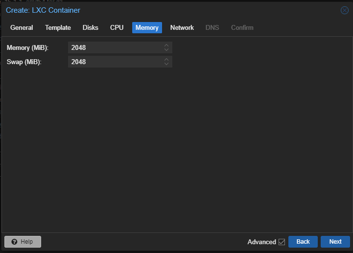 Create: LXC Container Memory Tab