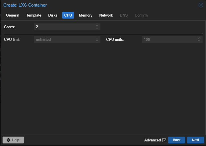 Create: LXC Container CPU Tab