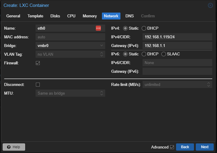 Create: LXC Container Network Tab