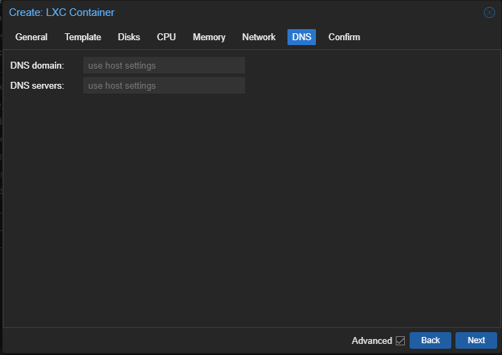 Create: LXC Container DNS Tab