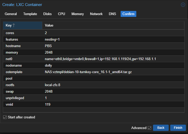 Create: LXC Container Confirm Tab