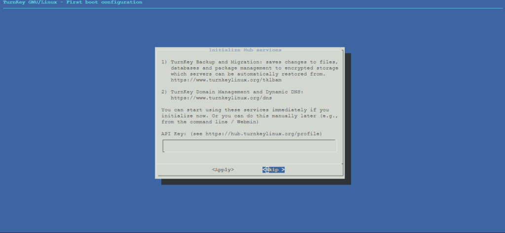 TurnKey Linux - First boot configuration - Initialize Hub Services