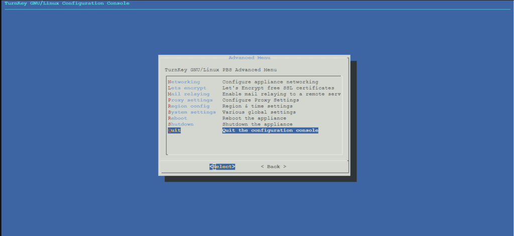 TurnKey Linux - First boot configuration - Advanced Menu