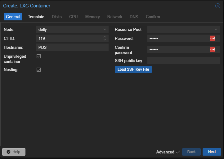 Create: LXC Container General Tab