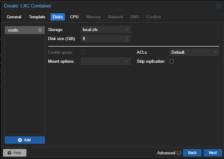 Create: LXC Container Disks Tab