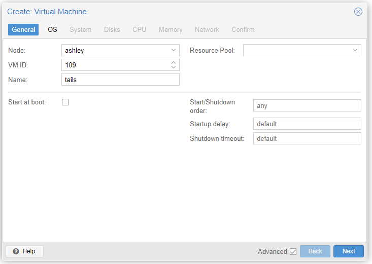 Proxmox Create Virtual Machine Popup - General Tab