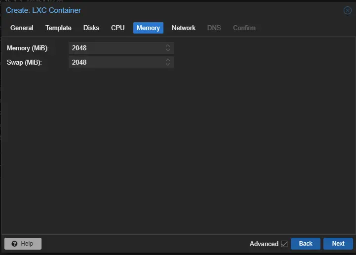 Create: LXC Container Memory Tab