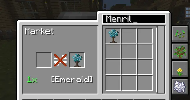 Buying a Menril Sapling from the Market block from the Farming for Blockheads mod